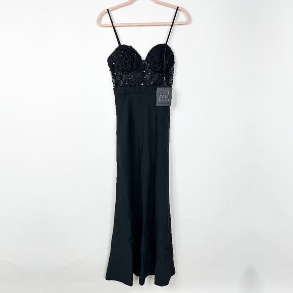 NWT Mac Duggal Formal Sequin Palazzo Jumpsuit Black 2 #A0302 - Picture 2 of 9